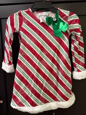 Bonnie Jean Red, White & Green Striped Holiday Dress with Green Satin Bow 4T